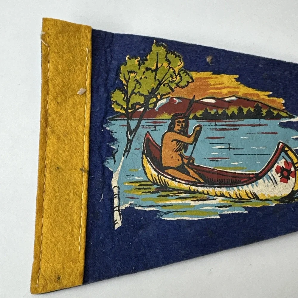 Brevort Michigan Souvenir Pennant Vintage Felt Flag Native American Canoe UP MI